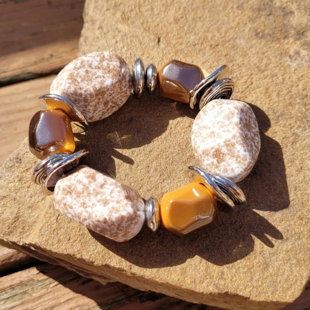 NWT Boho Chunky Dalmatian Jasper Stone Silver Bracelet